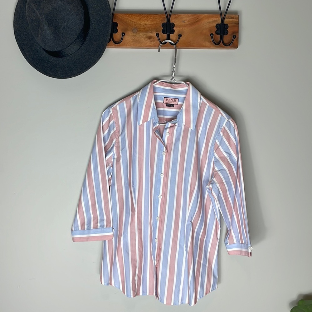 Thomas Pink > Red, White and Blue Striped Quarter Sleeve Button Down 10